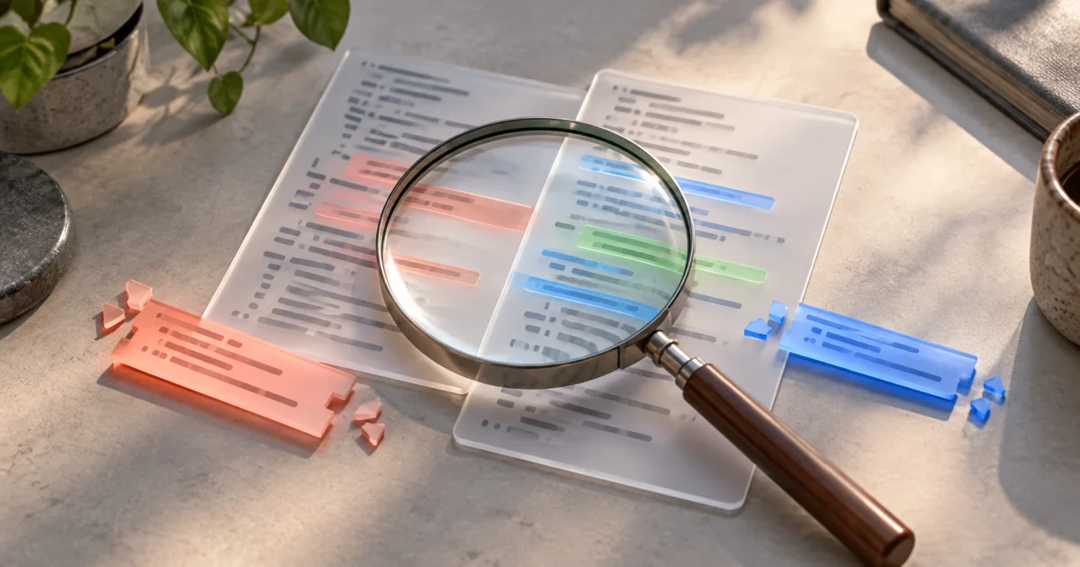 Two translucent code-like strips overlap beneath a magnifying lens, with a small inserted blue piece and removed coral piece separated.