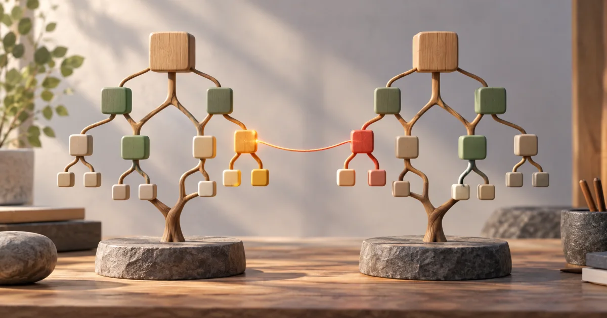 Two nested data trees align side by side, with one changed branch highlighted by a contrasting connecting thread.