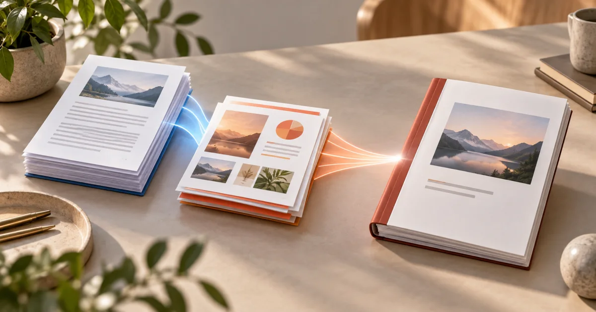 A manuscript sheet and a presentation board converge into one neatly bound portable document stack.