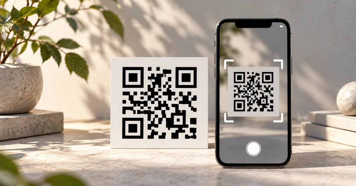 An original abstract black-and-white matrix pattern sits beside a phone-shaped scanning frame, with no claim that the pattern encodes data.