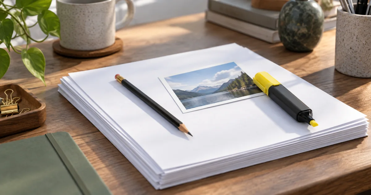 A graphite pencil, small image print, and annotation marker rest on an unmarked multi-page document.