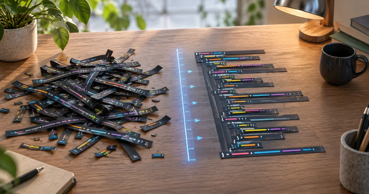 Uneven code-like strips become orderly indented rows on a continuous work surface beside a precise alignment guide.