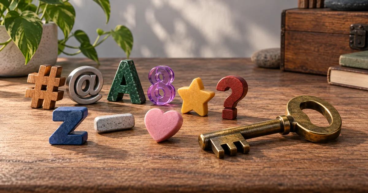A set of varied, unpredictable character-shaped tokens rests beside a sturdy key, with no readable password or security score.