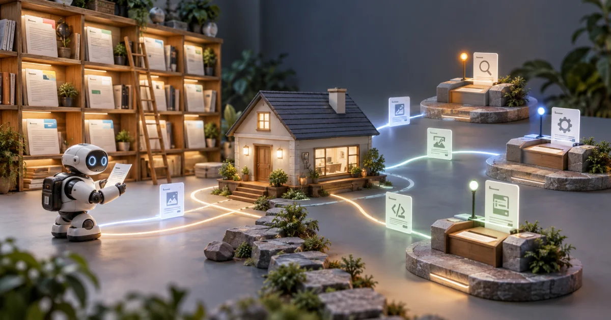 A small website model gains open document shelves, connected discovery paths, and clearly separated request stations for a mechanical reader.