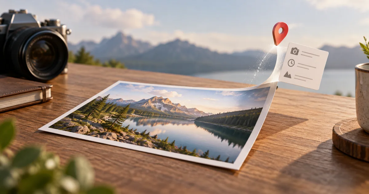 A landscape photograph remains intact while a small location pin and information tag lift away from its back.