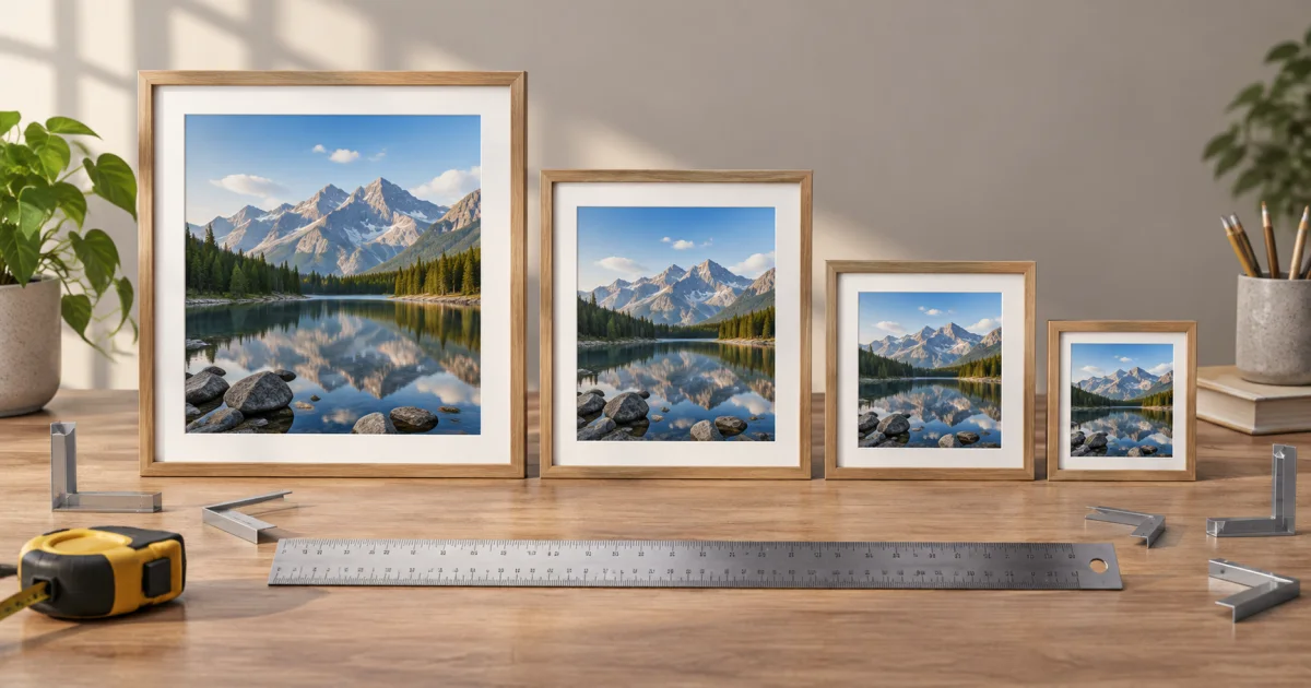 The same landscape picture appears in several precisely measured frames beside a ruler and adjustable corner guides.