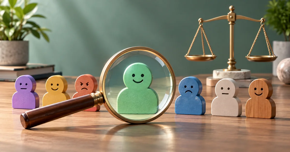A varied row of character-shaped tokens sits under a magnifying lens beside a neutral measuring scale without a guarantee badge.