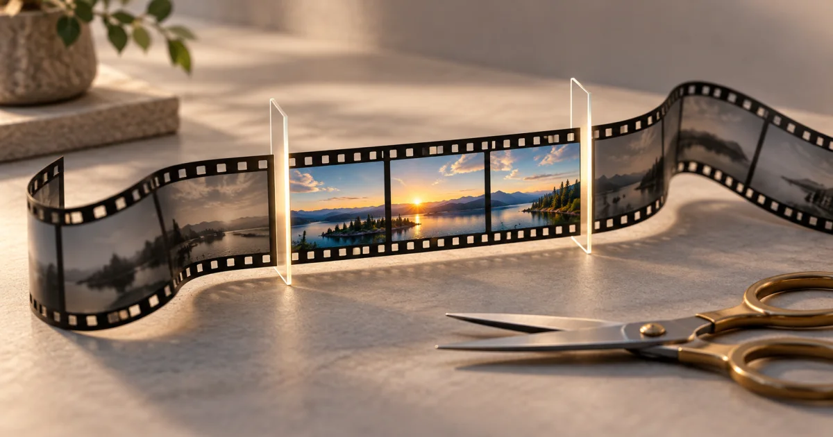 Two cutting guides isolate the useful middle section of a filmstrip while the unused ends curl away.
