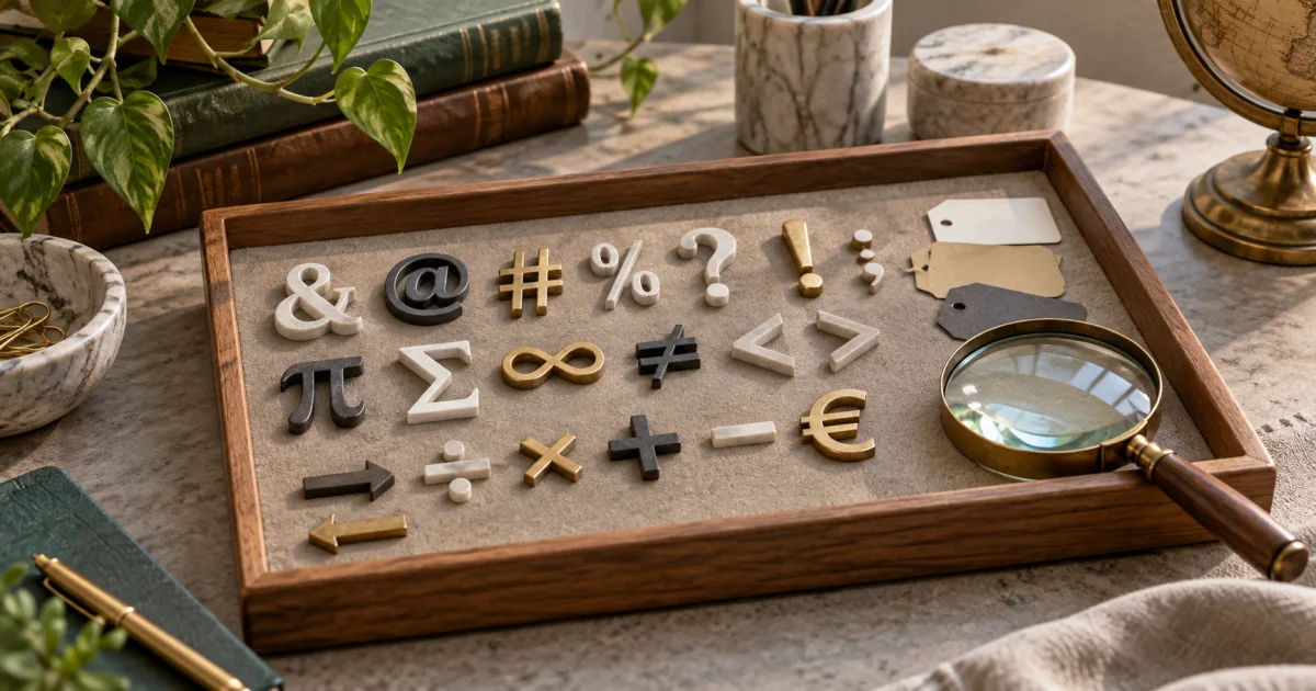 A tray contains sculpted punctuation and mathematical symbols beside small blank entity tabs and a magnifying lens.