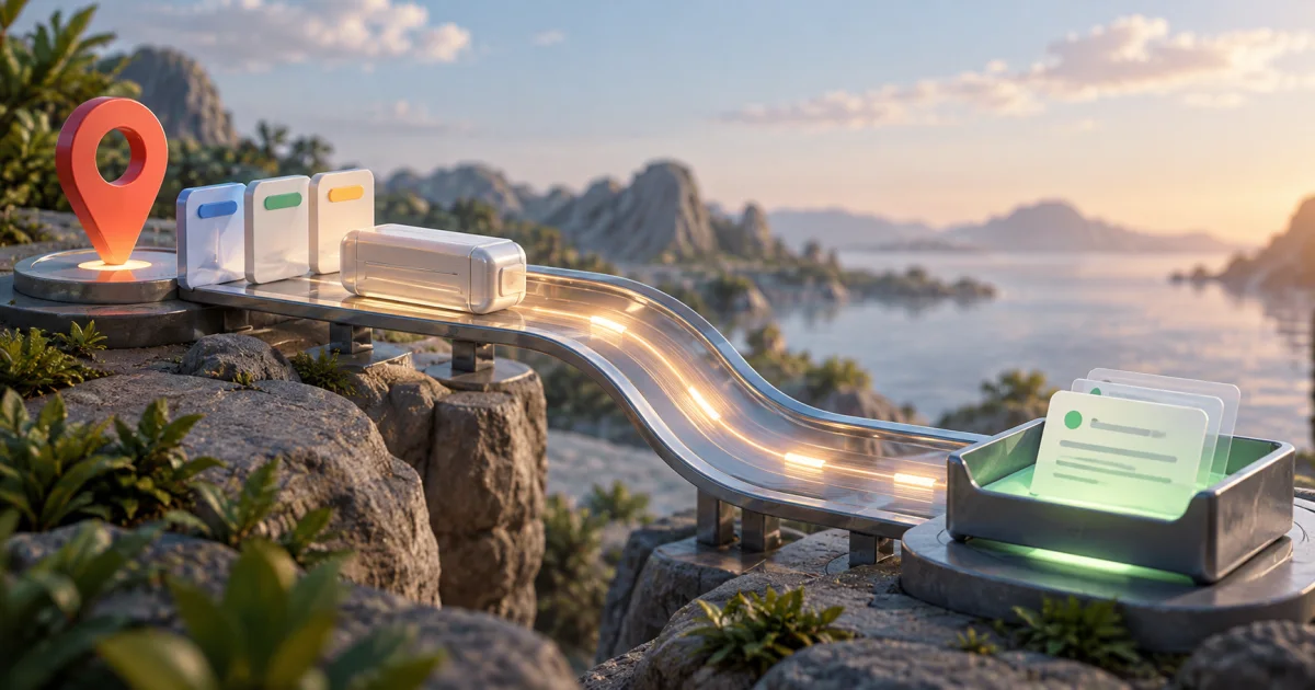 A destination marker, header tabs, and a body capsule travel through a request path to a separate response tray.