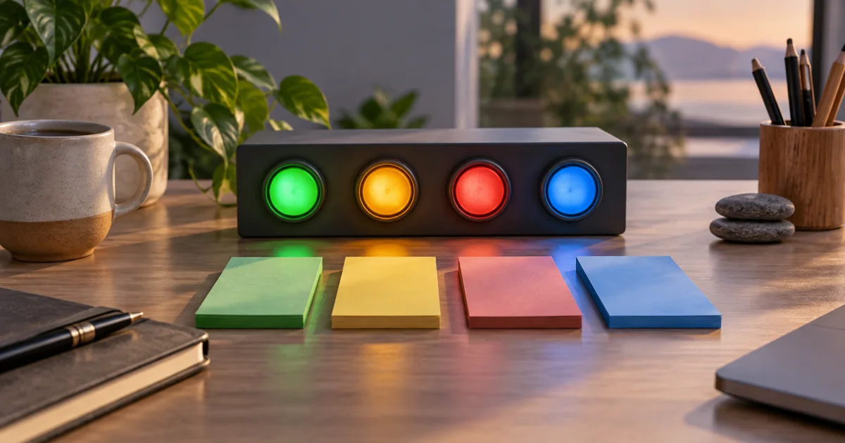 A small response station shows green, amber, red, and blue signal lights beside distinct unmarked response slips.