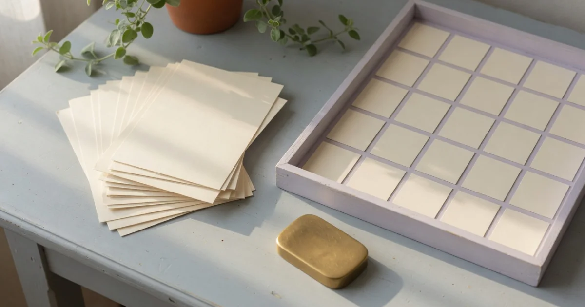 A loose stack of blank cream cards on a painted table beside a lilac tray holding identical cards in an even grid.