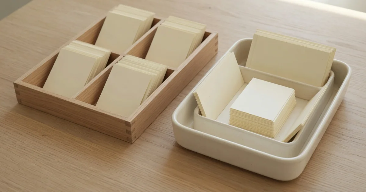 Blank cream cards sorted into the separate compartments of an oak organiser beside a ceramic tray where the same cards sit in nested, stacked groups.