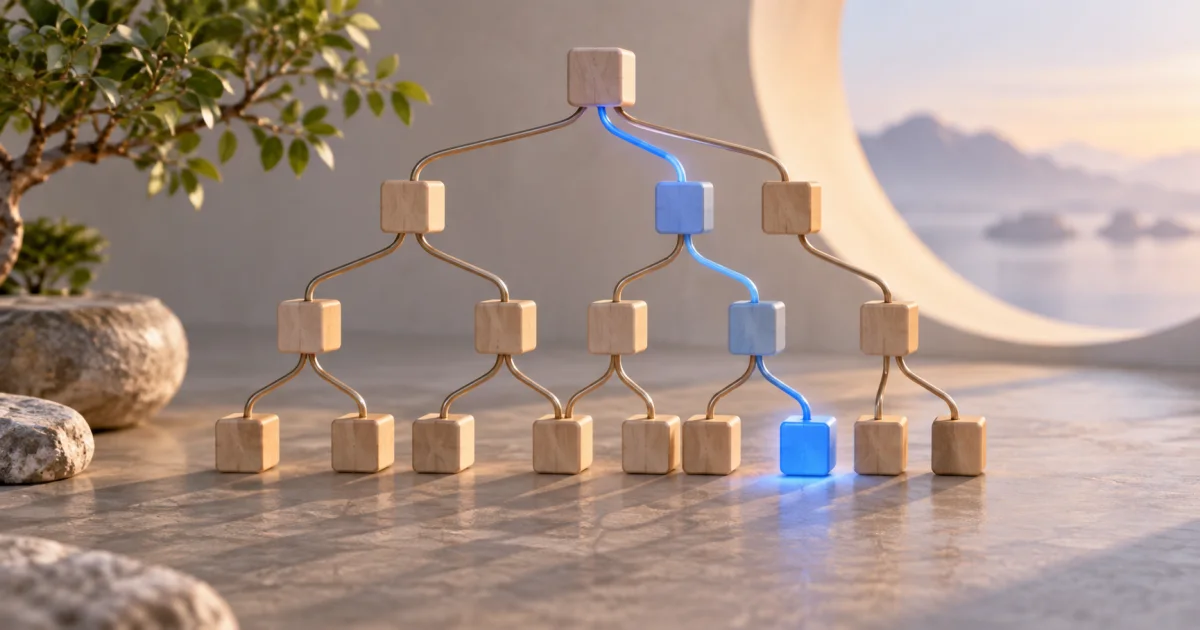 A thin blue thread follows one exact route through a nested data tree toward a selected leaf.