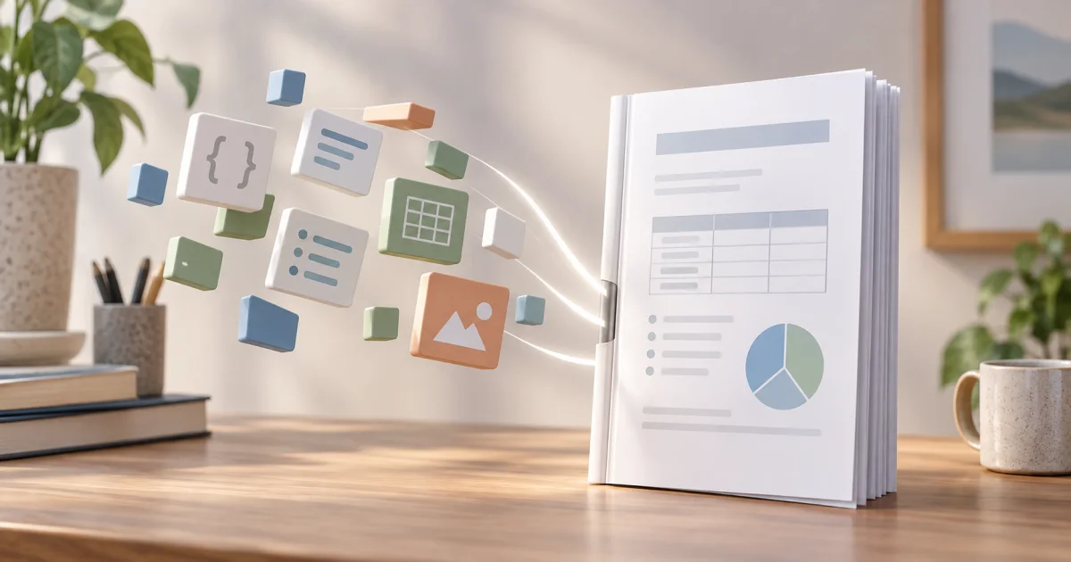 Small declarative data blocks assemble into a neatly bound report with blank text areas, a table, and a simple geometric chart.