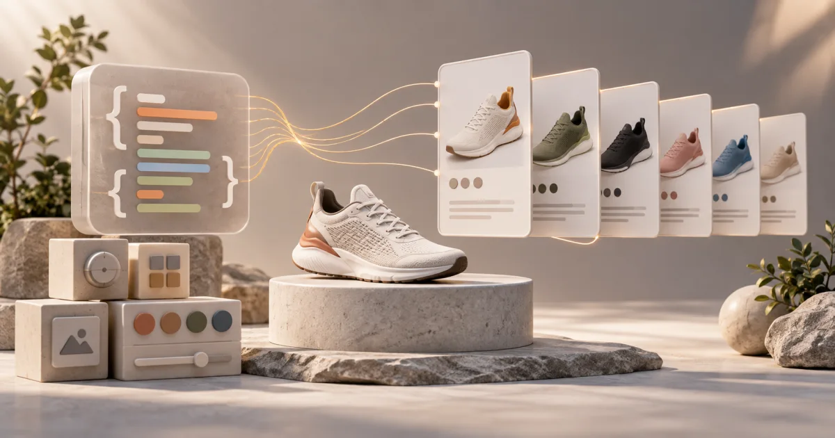 A small product sculpture stands on a display plinth beside abstract data pieces that control its presentation.