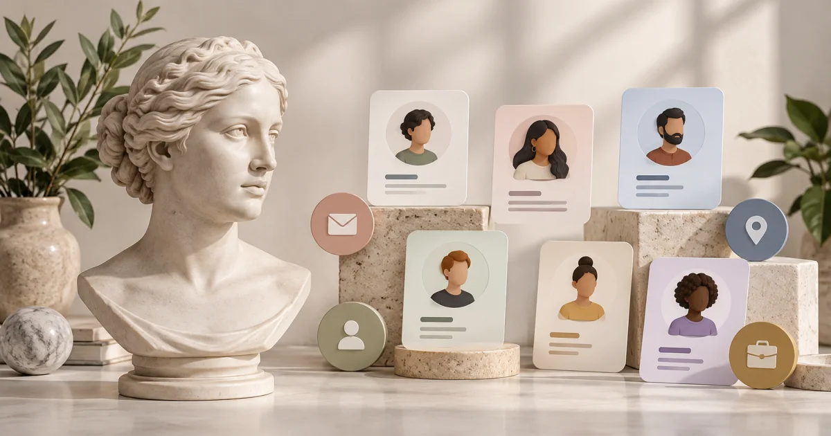 A neutral clay portrait bust sits beside abstract personal-detail tokens arranged into a balanced presentation composition.