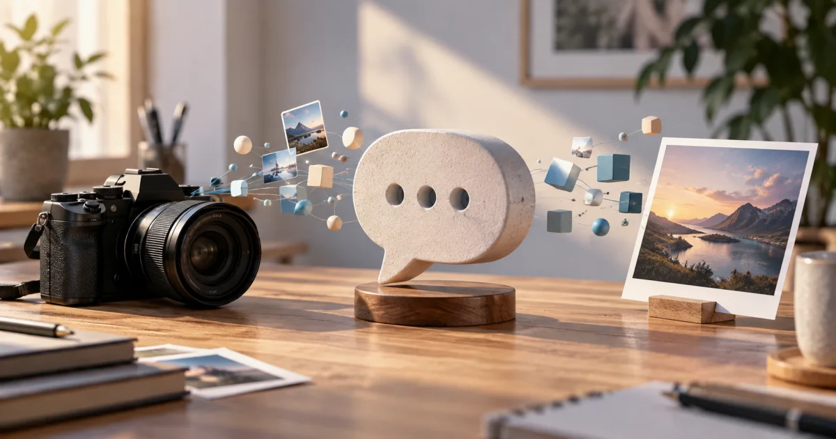 A camera, speech-shaped sculpture, and shared image print connect through abstract data pieces on a creative worktable.