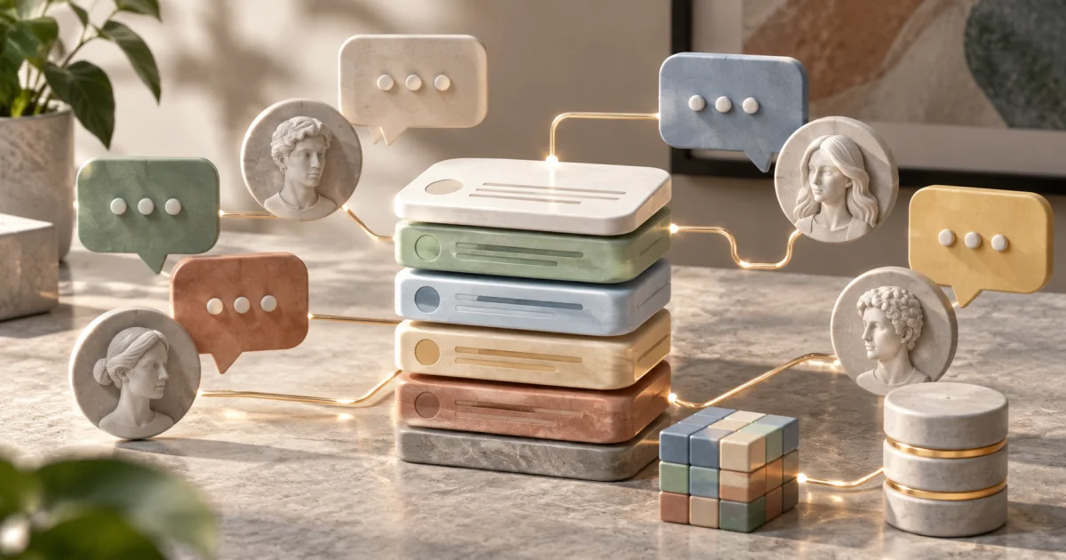 Several small speech sculptures and neutral portrait medallions connect to orderly data pieces, with no invented quotation or endorsement.