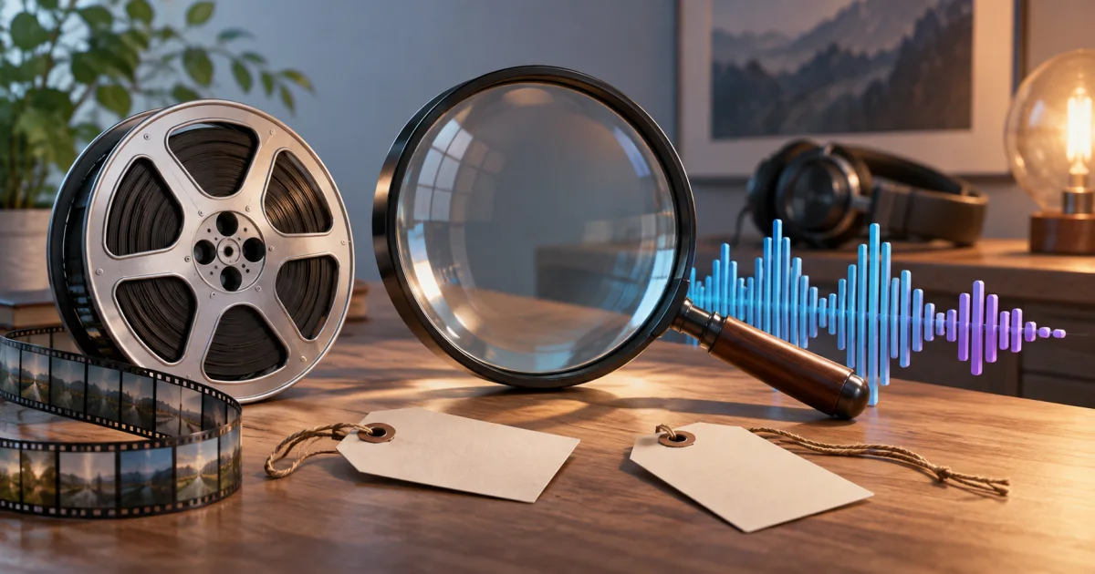 A film reel and audio wave sit beside separate unmarked information tags beneath a broad inspection lens.