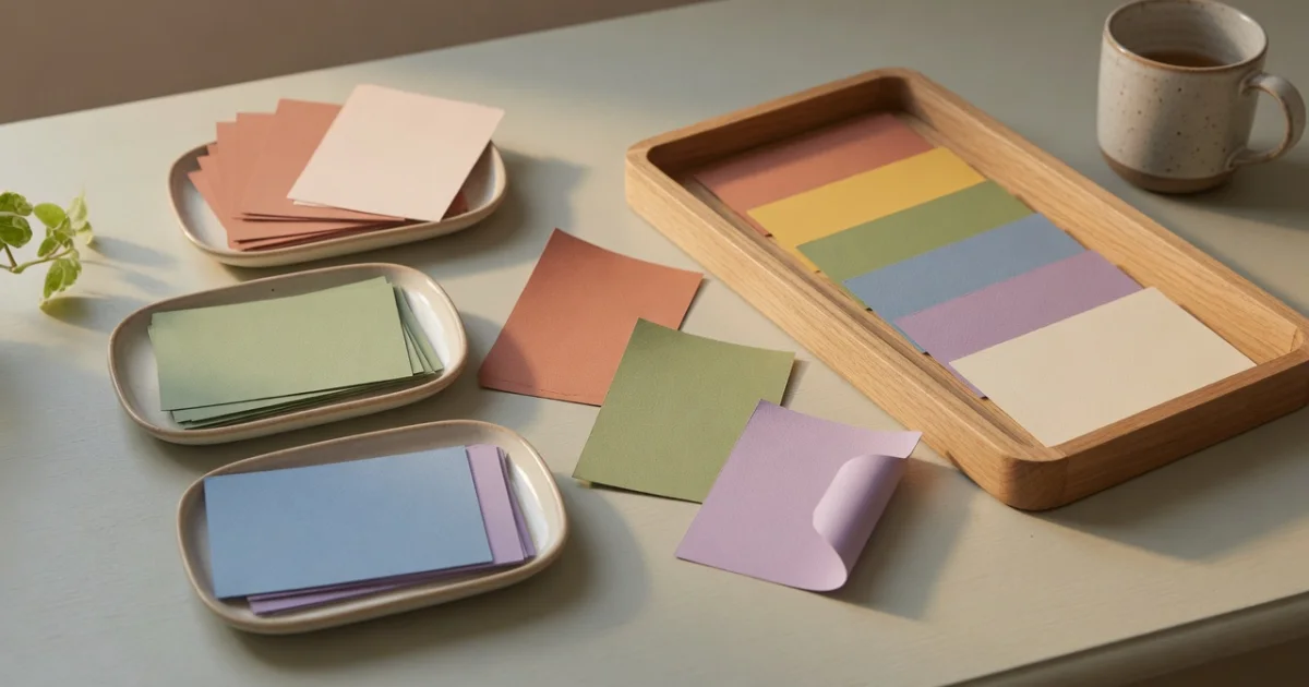 Three ceramic dishes of blank pastel cards beside one oak tray where the same colours sit together in a single row.