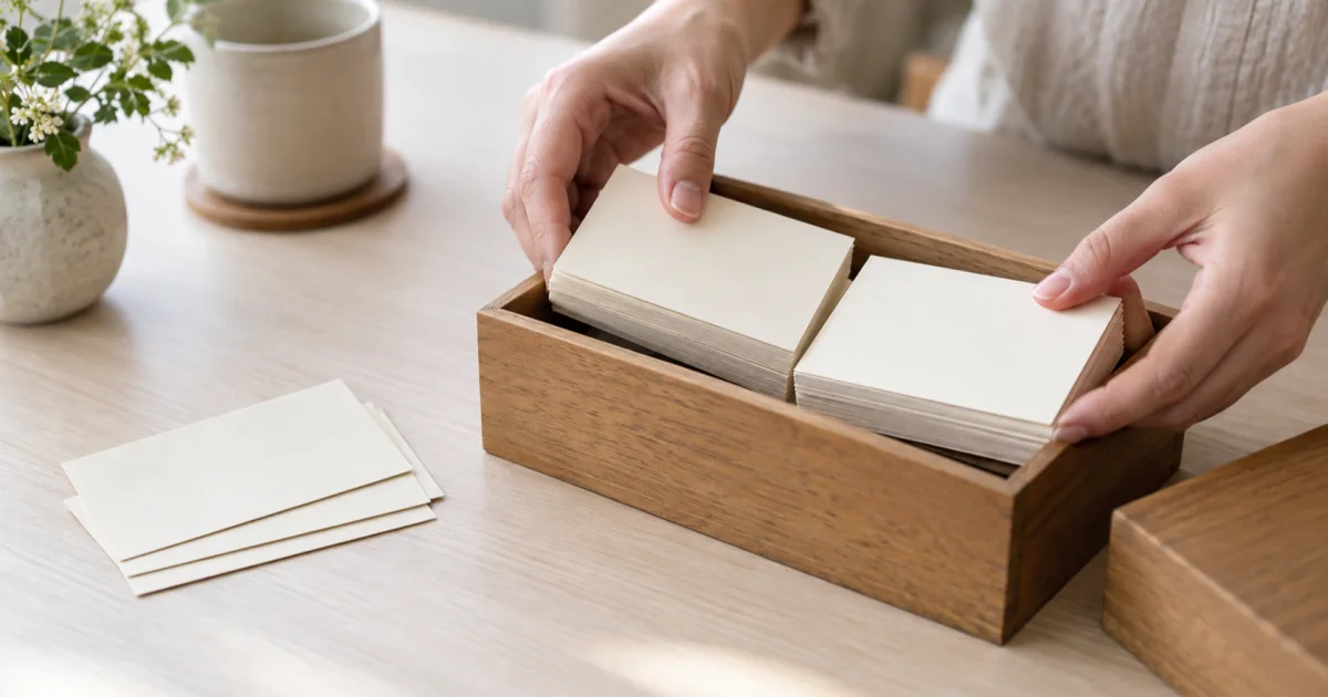 Two hands sliding two stacks of blank cream cards together into a wooden card box, with a few set-aside blank cards on the desk beside it.