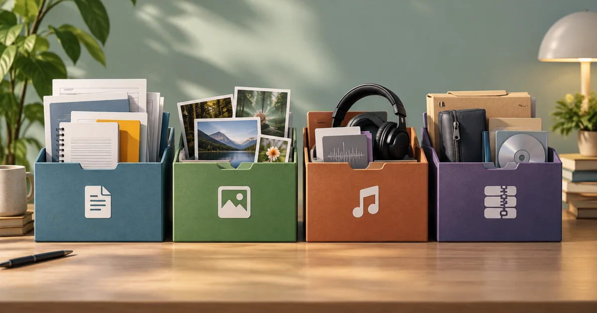 Different document, image, audio, and archive objects fit into distinct file-type sorting compartments.