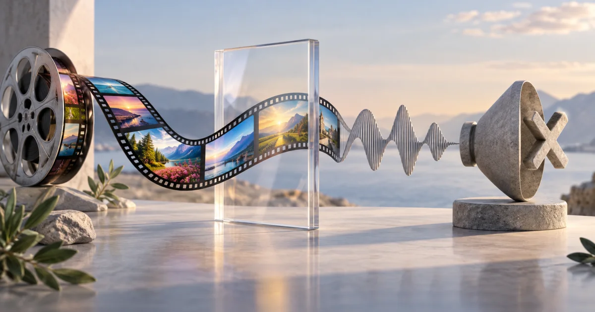 A colorful filmstrip continues through a transparent frame while its separate sound-wave ribbon stops at a muted speaker sculpture.