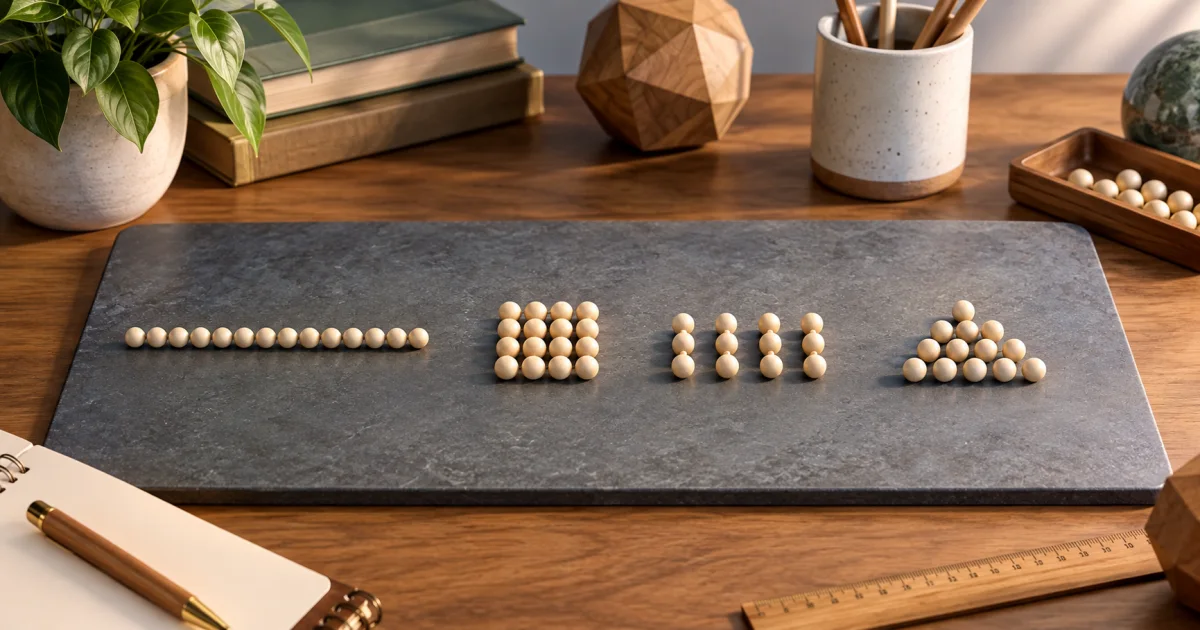 The same quantity of small beads appears in four differently grouped counting arrangements on a mathematical worktable.