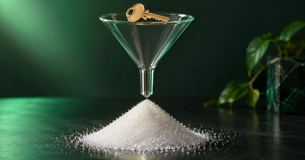 A small brass key rests on the rim of a glass funnel above a mound of fine, uniform white grains, lit by a green accent light.