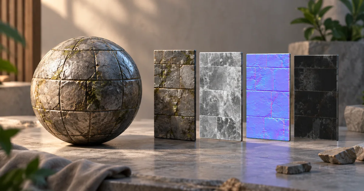 A textured material sphere stands beside separated color, roughness, normal-like, and metallic surface samples.