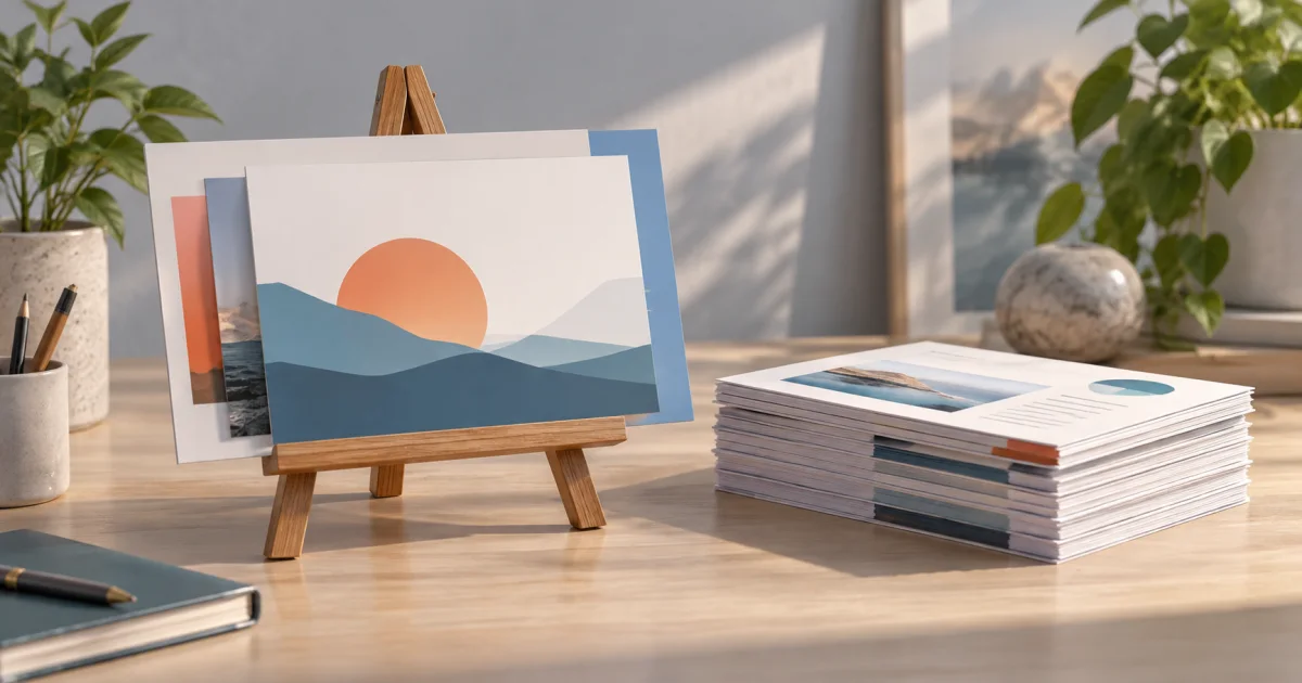 A small presentation easel displays layered geometric slides beside a neatly organized stack of presentation pages.