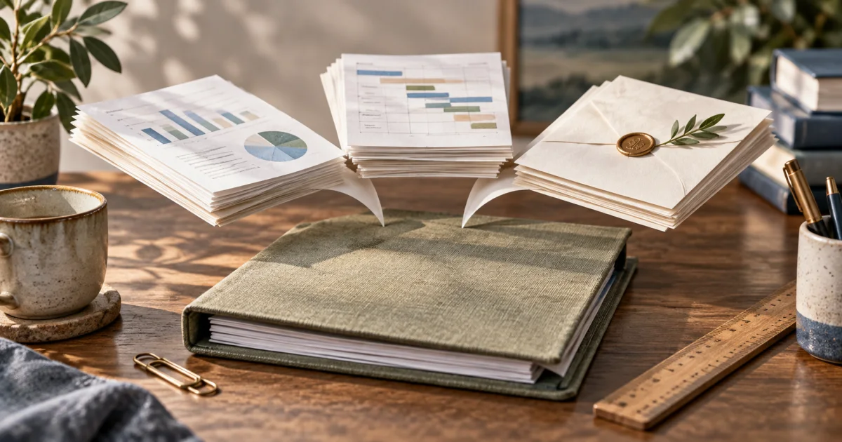 Budget pages, a schedule, and a support letter form one proposal folder.