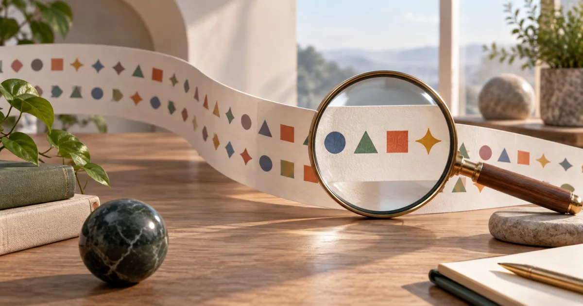 A curved pattern guide groups repeated abstract symbols, with one matching sequence isolated under a magnifying lens.