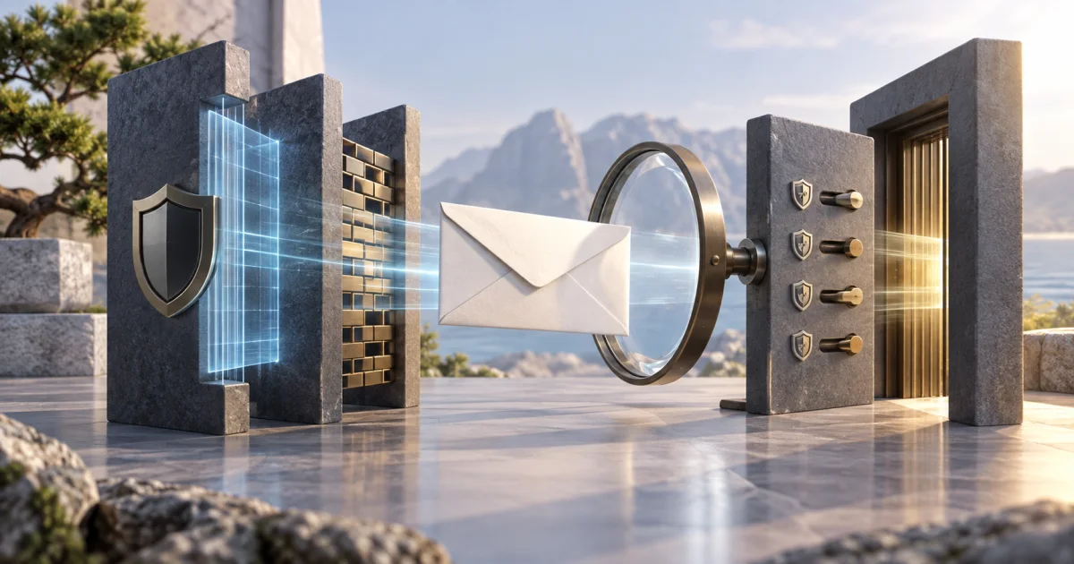 A request envelope passes through a layered entrance frame with separate protective controls and a neutral inspection lens.