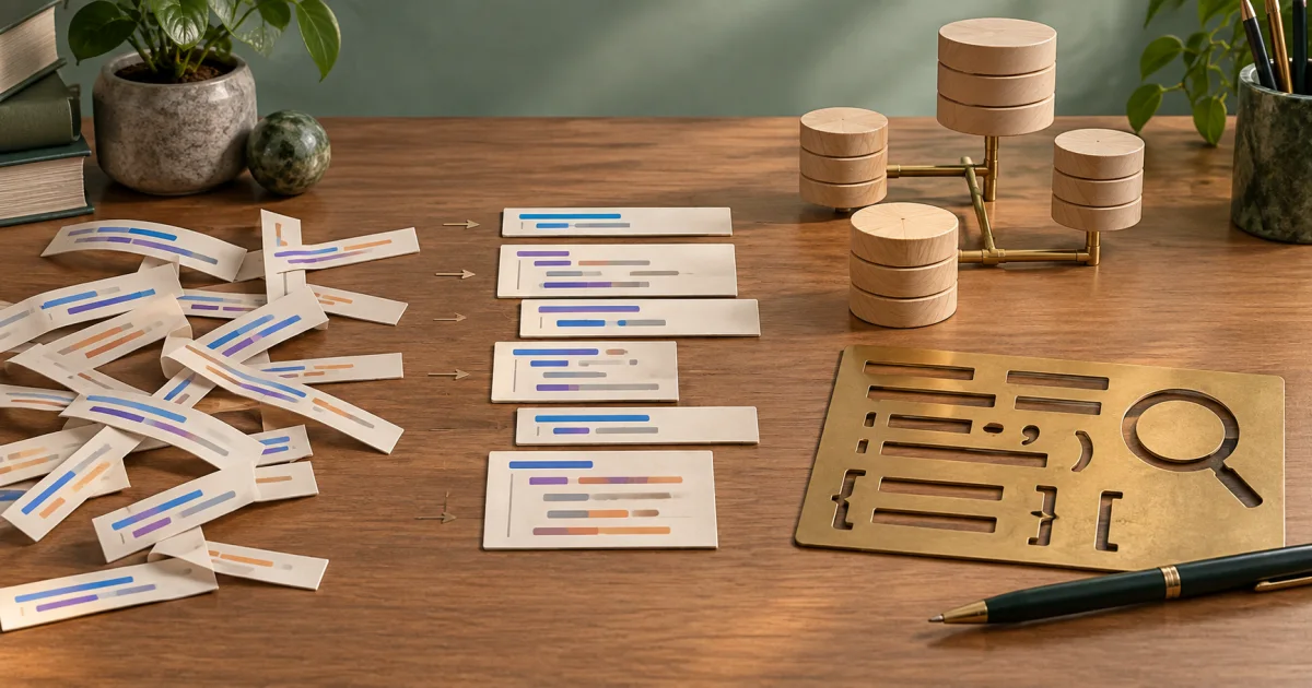 Loose query-like strips align into structured clauses beside a connected table model and a syntax inspection stencil.