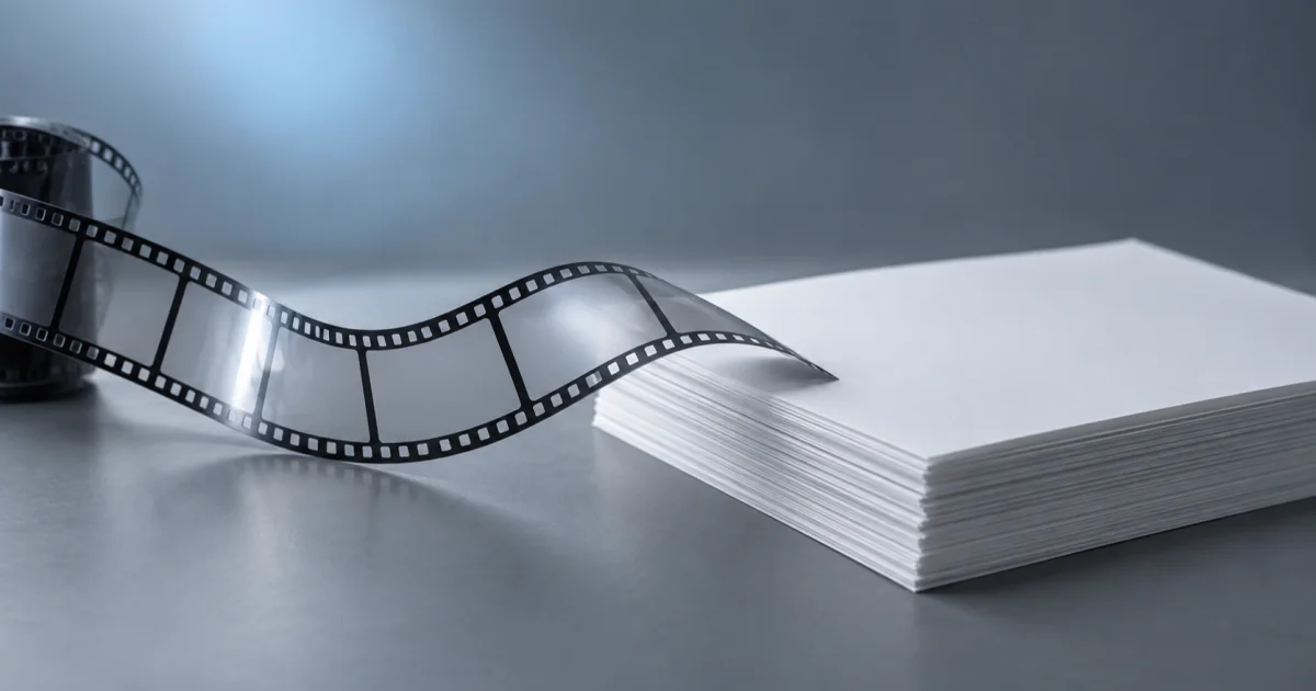 A strip of blank film frames curls off a reel and flows into a neat stack of blank white paper, in cool slate grey.