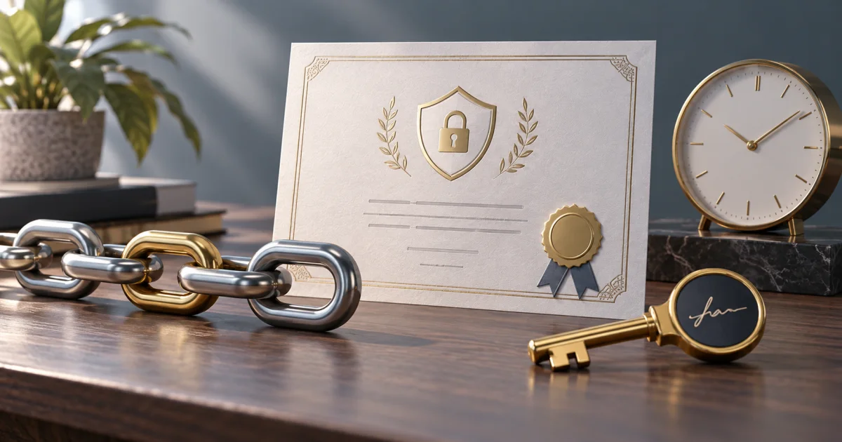 A certificate-shaped document, linked trust-chain pieces, and a clock sit beside a separate signing key.