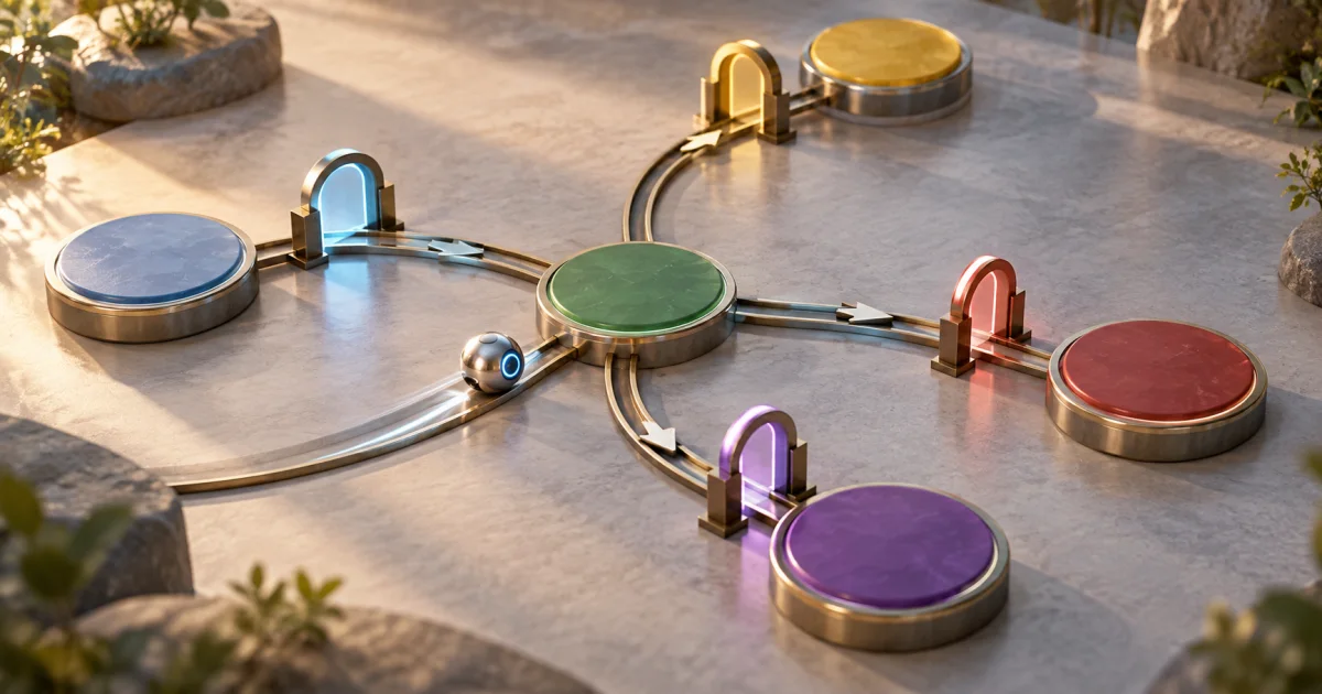 A small mechanical token moves among distinct circular stations joined by directed paths and separate transition gates.