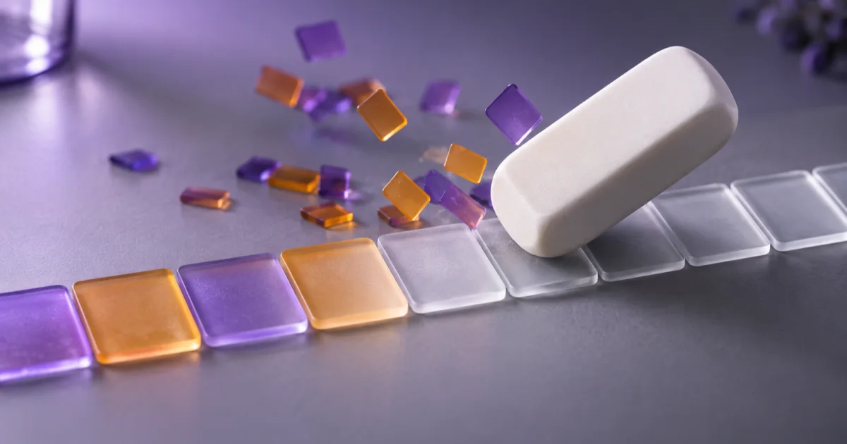 A white eraser gliding across a row of frosted glass tiles laid out like a film strip, with small violet and amber chips lifting away behind it.