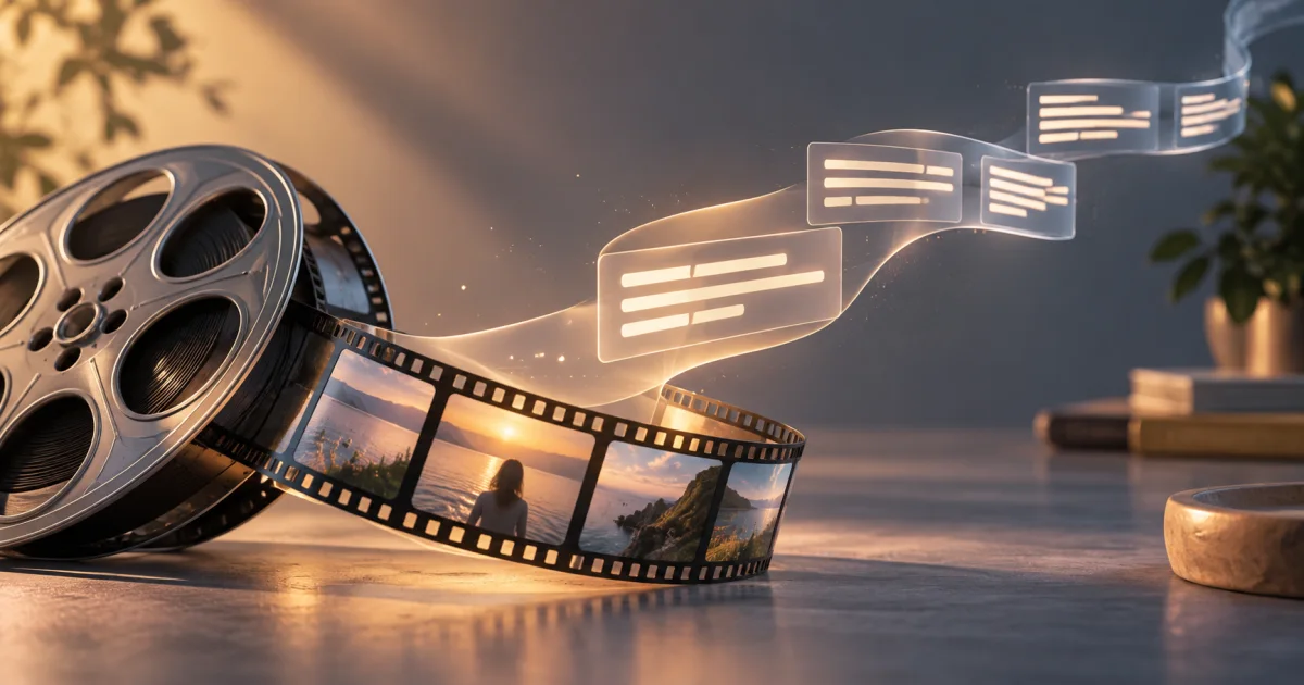 A ribbon of subtitle-like abstract text lifts from a filmstrip into its own neatly timed sequence.