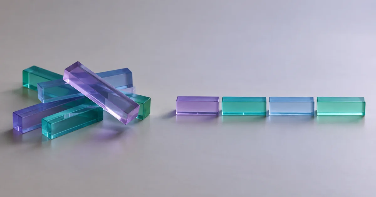 Translucent violet, blue and teal acrylic bars piled across each other on the left and lined up neatly end to end on the right.