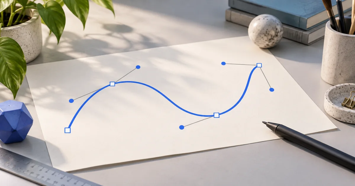 A smooth blue curve passes through visible anchor points and control handles above a pale drawing surface.