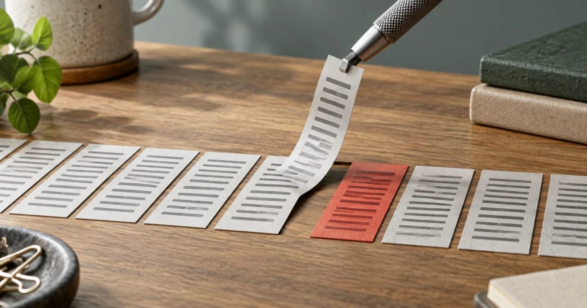 A graphite editing tool lifts one matching text-shaped strip from a row and inserts a contrasting replacement strip.