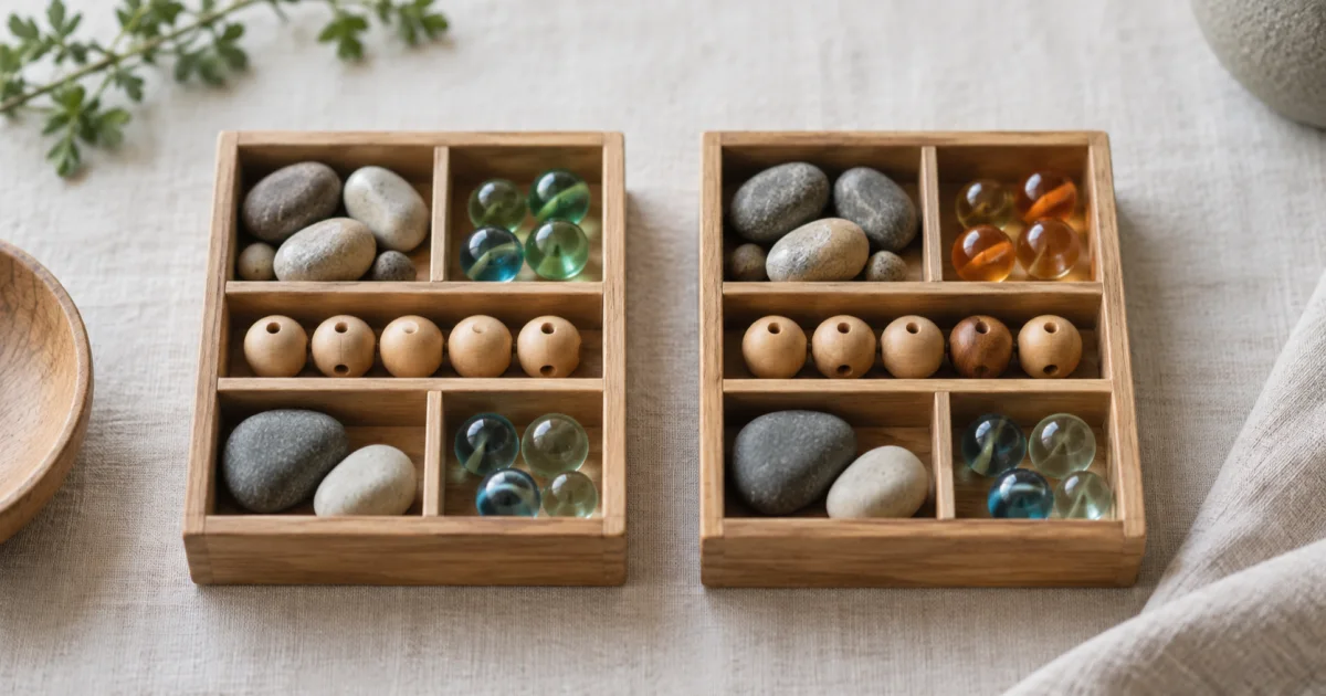 Two matching wooden organiser trays of pebbles, wooden beads and glass marbles; in the right tray one compartment holds amber marbles and one bead is a darker wood.