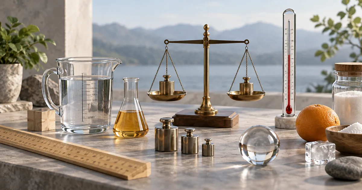 A ruler, measuring vessel, balance scale, and thermometer surround several equivalent physical quantities.