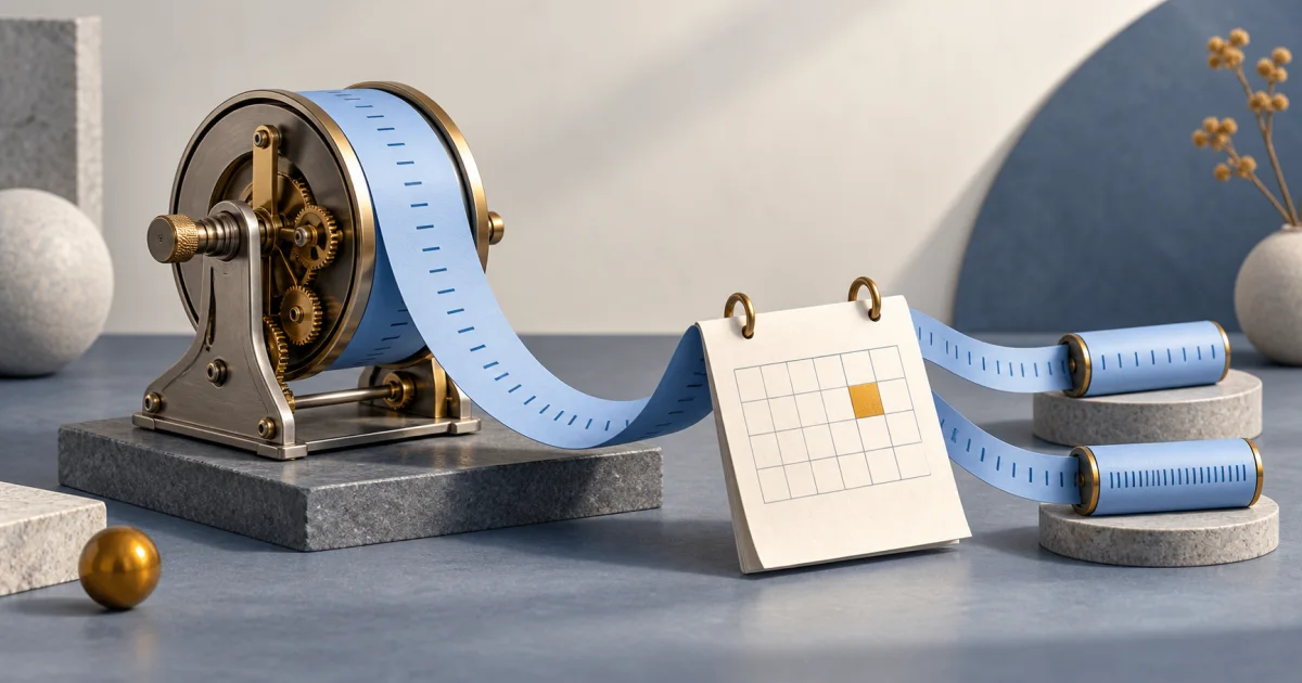 A mechanical time counter feeds blue measurement tape toward a calendar and two separate tick scales.
