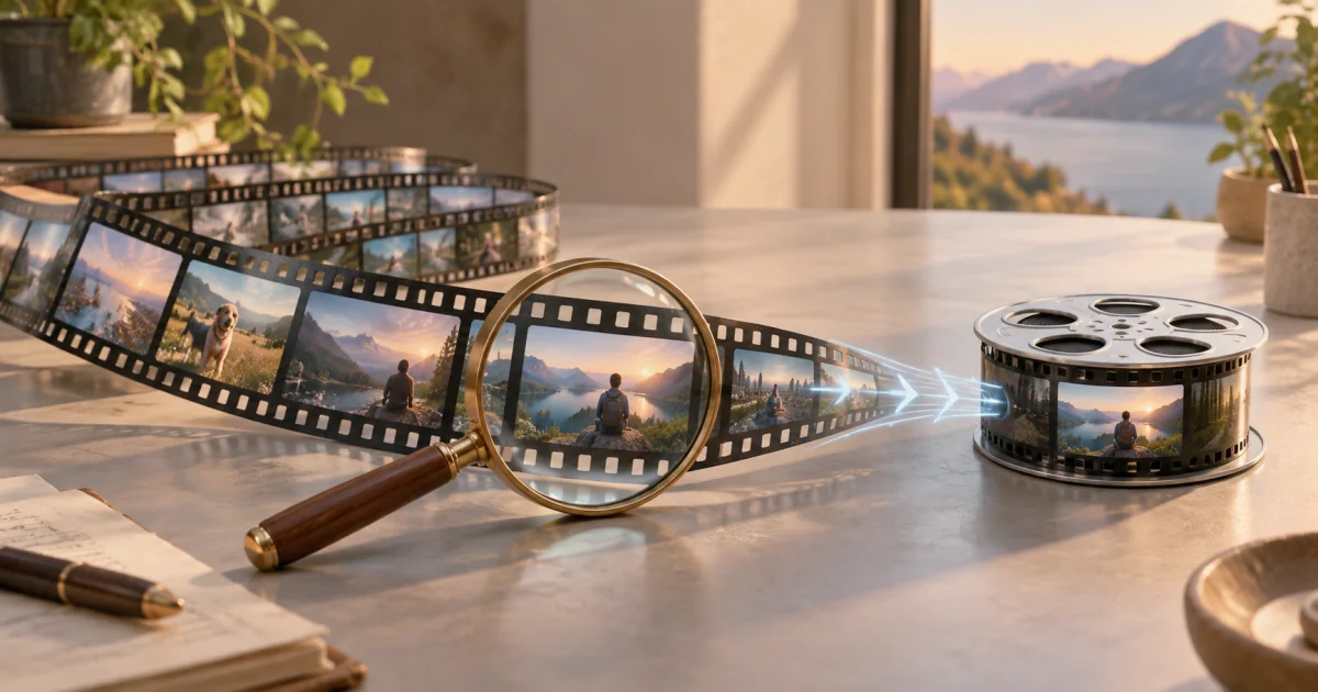 A long detailed filmstrip becomes a compact reel while a magnifying lens checks a retained frame.