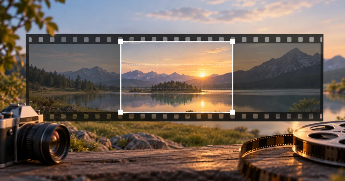 Adjustable corner guides select a smaller composition from a broad film frame showing a simple landscape.