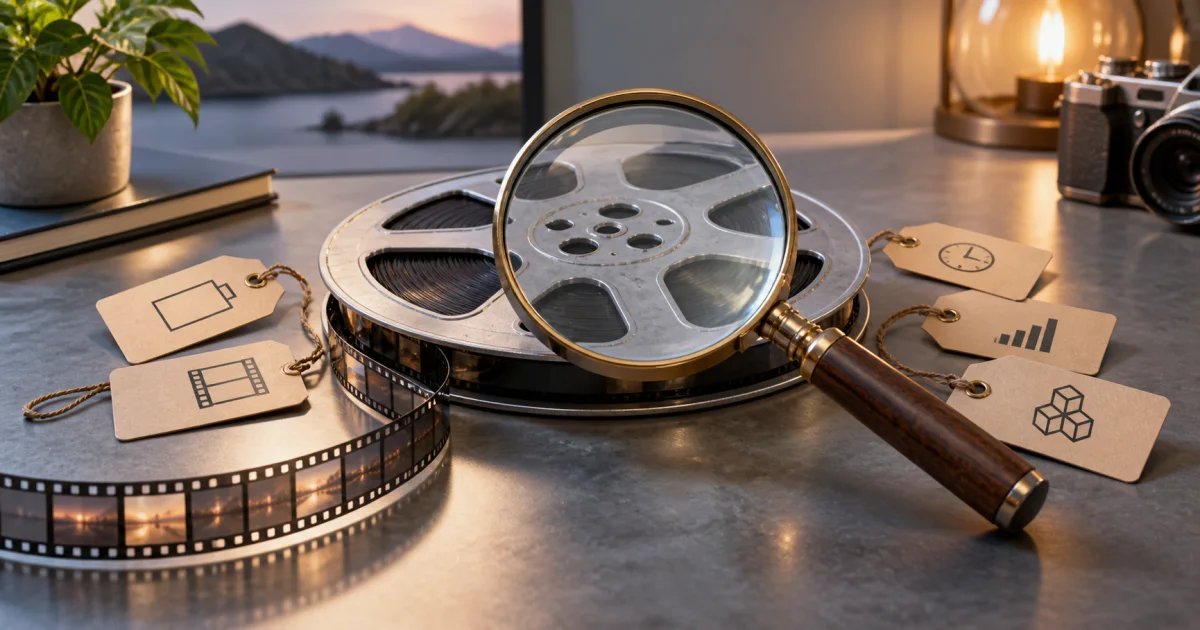 A film reel rests beneath a magnifying lens while unmarked timing, dimension, and codec-like information tags sit beside it.